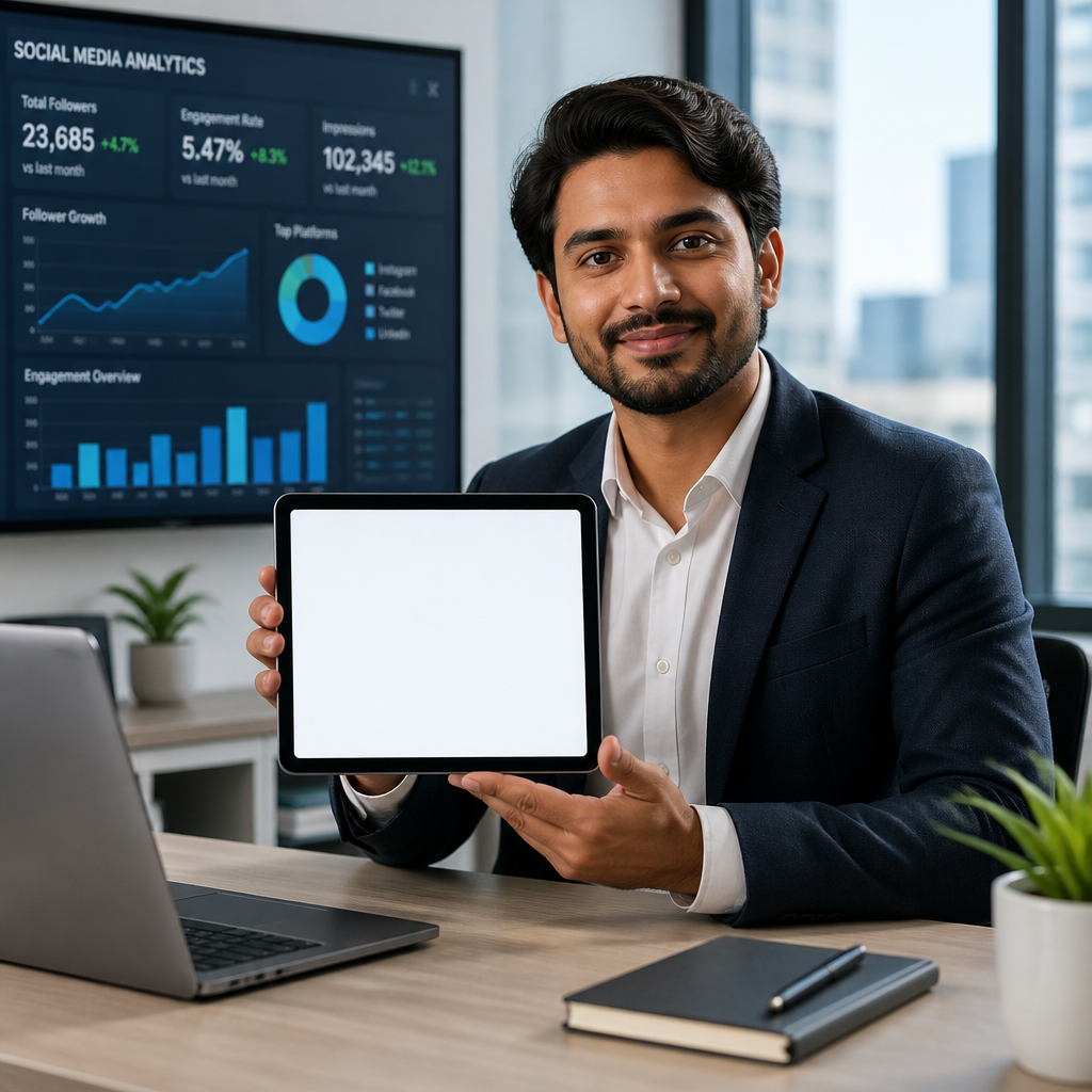 Professional digital marketer smiling confidently while holding tablet showing social media analytics dashboard