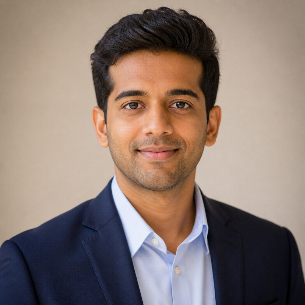 Portrait of Rohan Iyer, an Indian man with short dark hair and glasses, friendly expression, seated in a Hyderabad tech office with cool blue ambient light