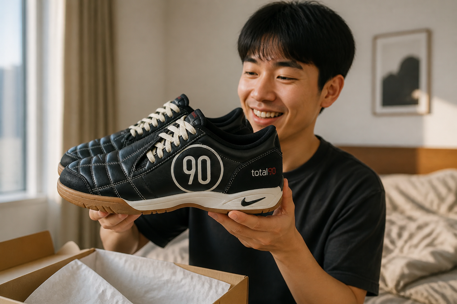 Lifestyle image of a person excitedly unboxing the Nike sneakers with a smile holding the shoes up in soft natural morning light in a clean bedroom setting