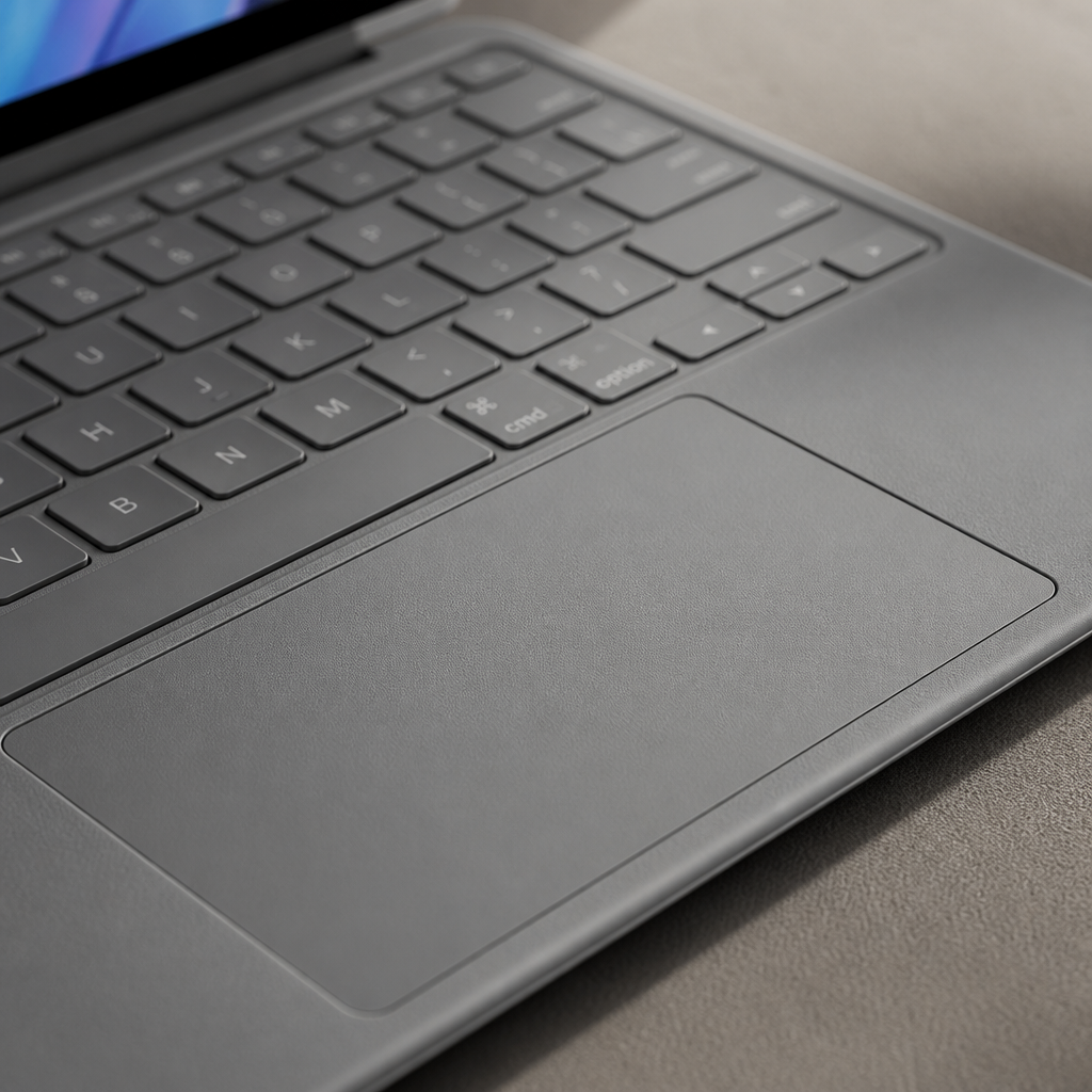 Close-up macro shot of the precision multi-touch trackpad showing smooth surface and gesture zones on the Combo Touch