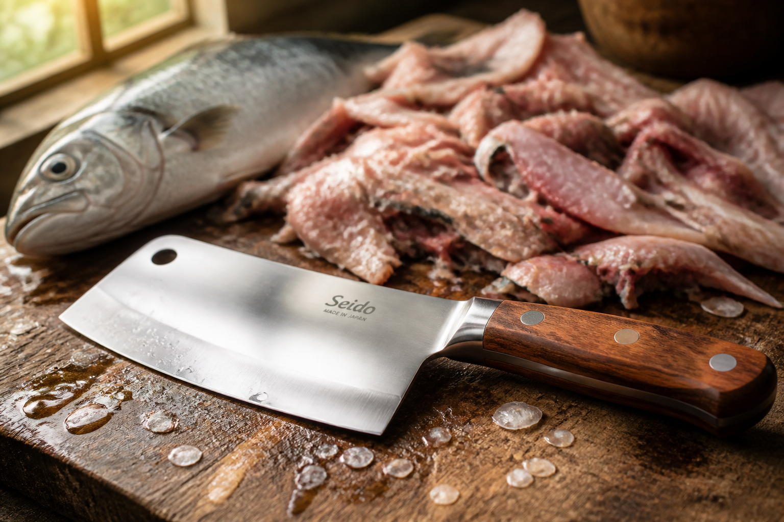 Whole fish with messy torn fillets showing bone fragments and uneven edges
