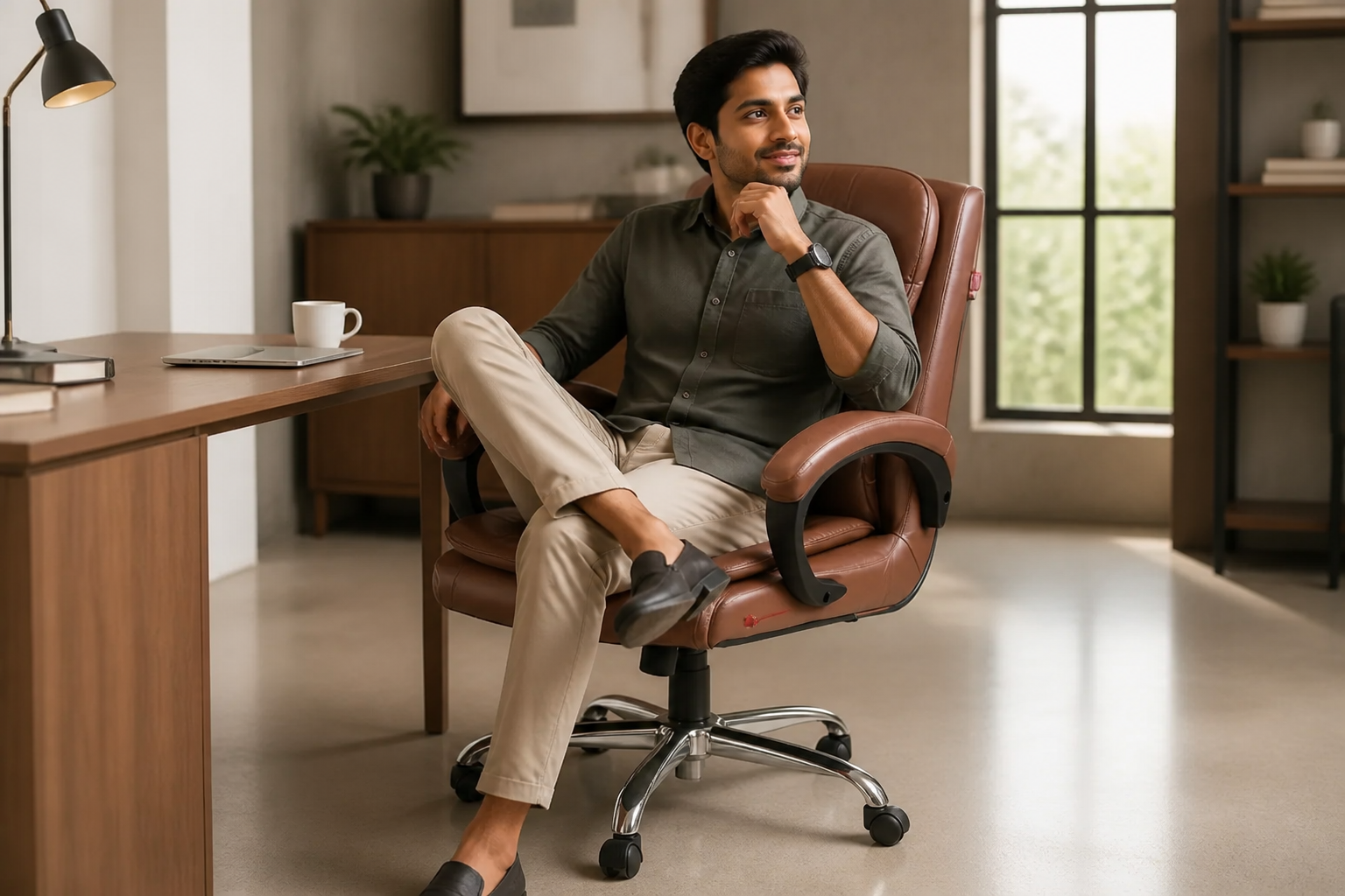 Bright lifestyle home office scene with GOYALSON mesh chair, coffee mug on clean wooden desk and warm natural light