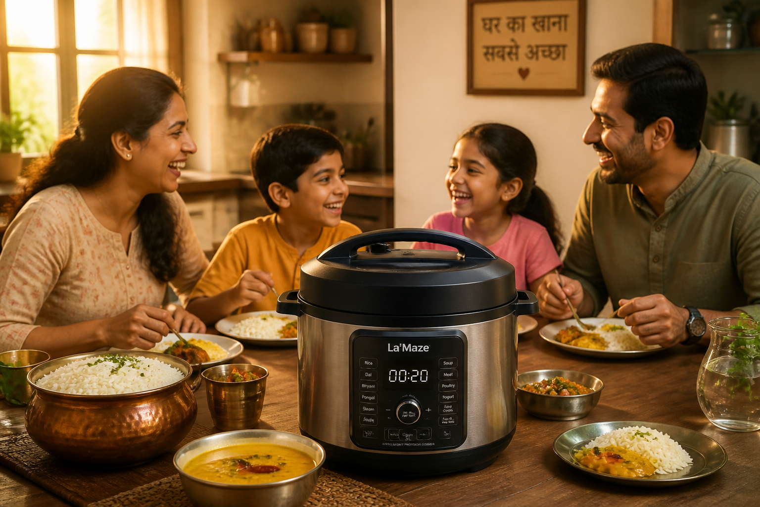 Warm-lit Indian family of four laughing around a dining table with full plates of rice and dal, soft glow from a modern kitchen with a La'Maze cooker humming softly in the corner