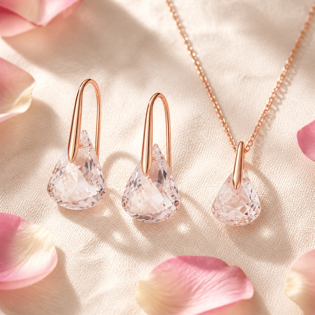 Elegant flat-lay of the Lunar pink drop earrings beside the matching Lunar pendant necklace on a cream linen surface, soft natural light, romantic feminine styling with scattered rose petals