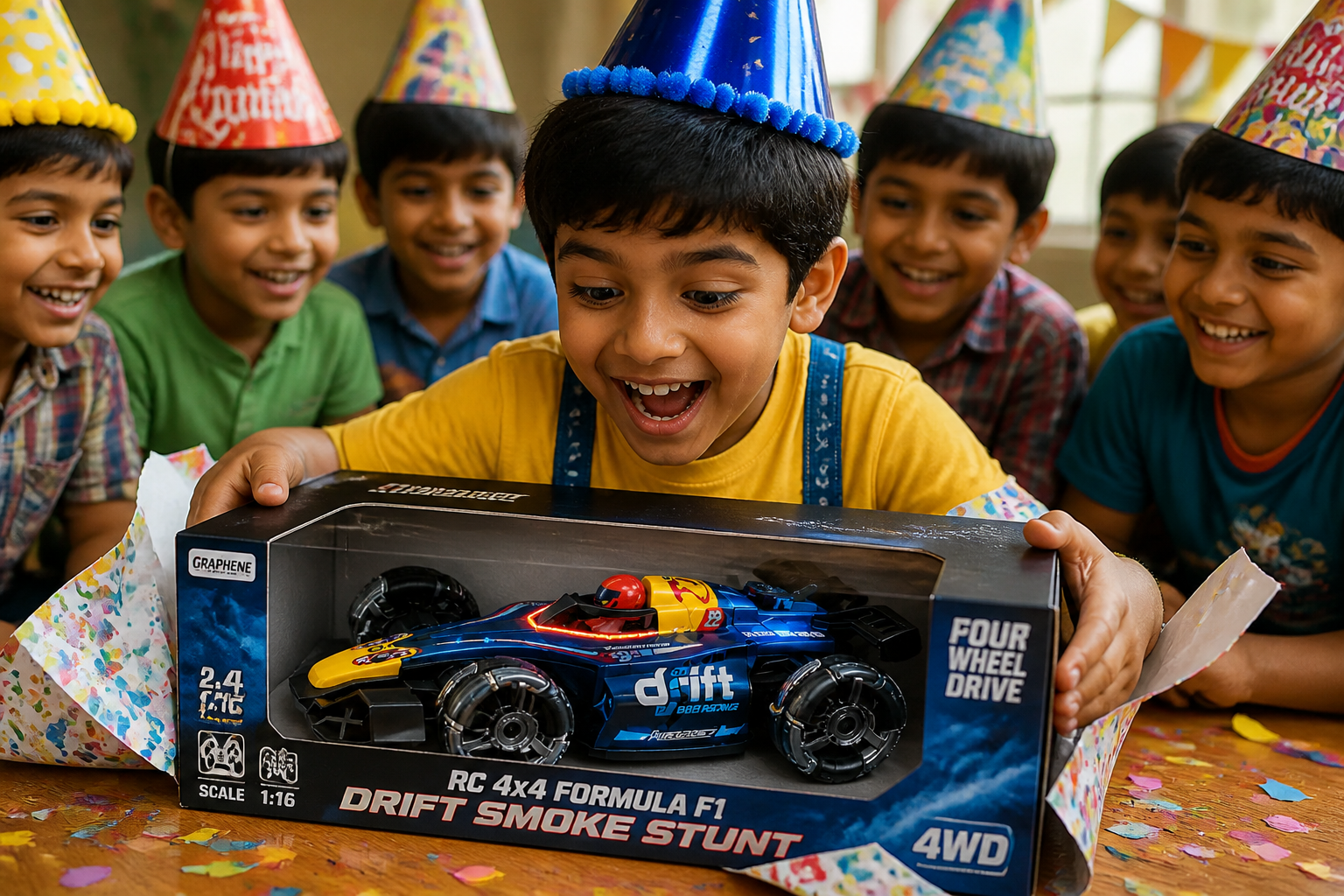 Indian kid at a colourful birthday party unwrapping a GRAPHENE RC car box while friends watch excitedly with party hats