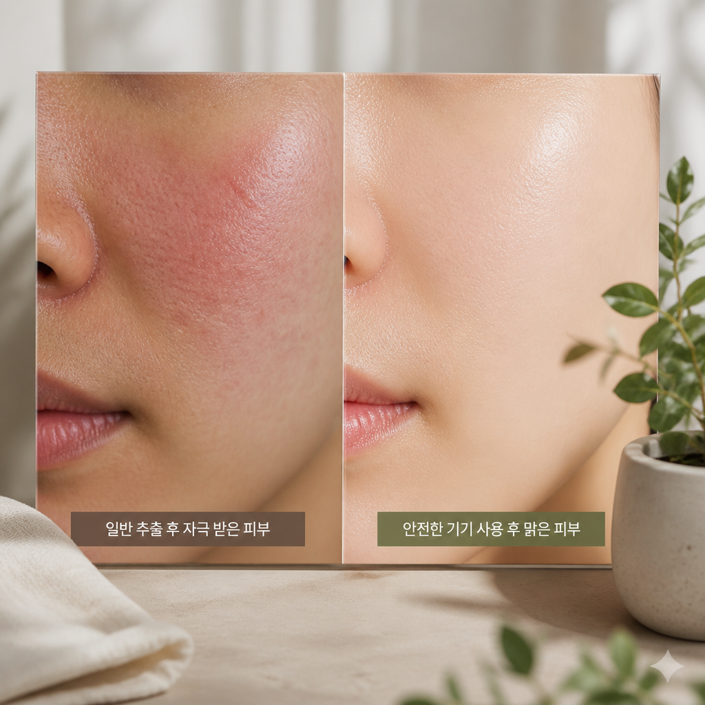 피부 안전 비교 이미지, 왼쪽은 일반 추출 후 자극 받은 피부, 오른쪽은 안전한 기기 사용 후 맑은 피부