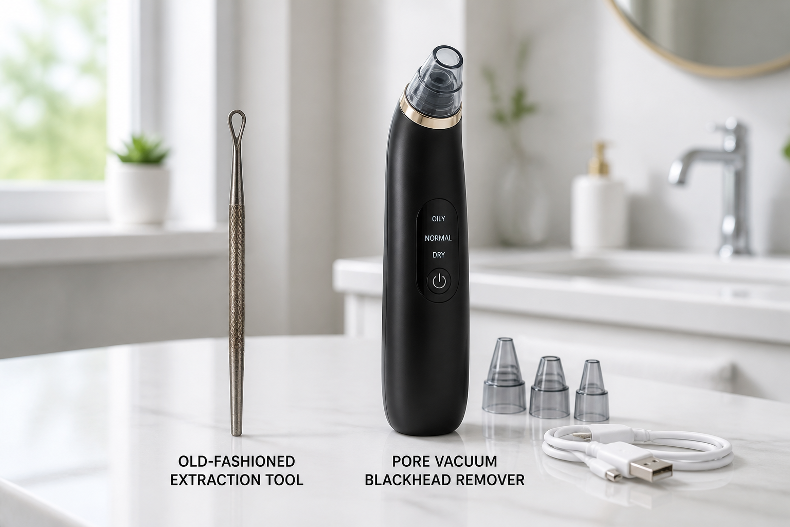 Side-by-side comparison showing old-fashioned blackhead extraction tool with visible metal loop versus modern air pump vacuum device with sleek design
