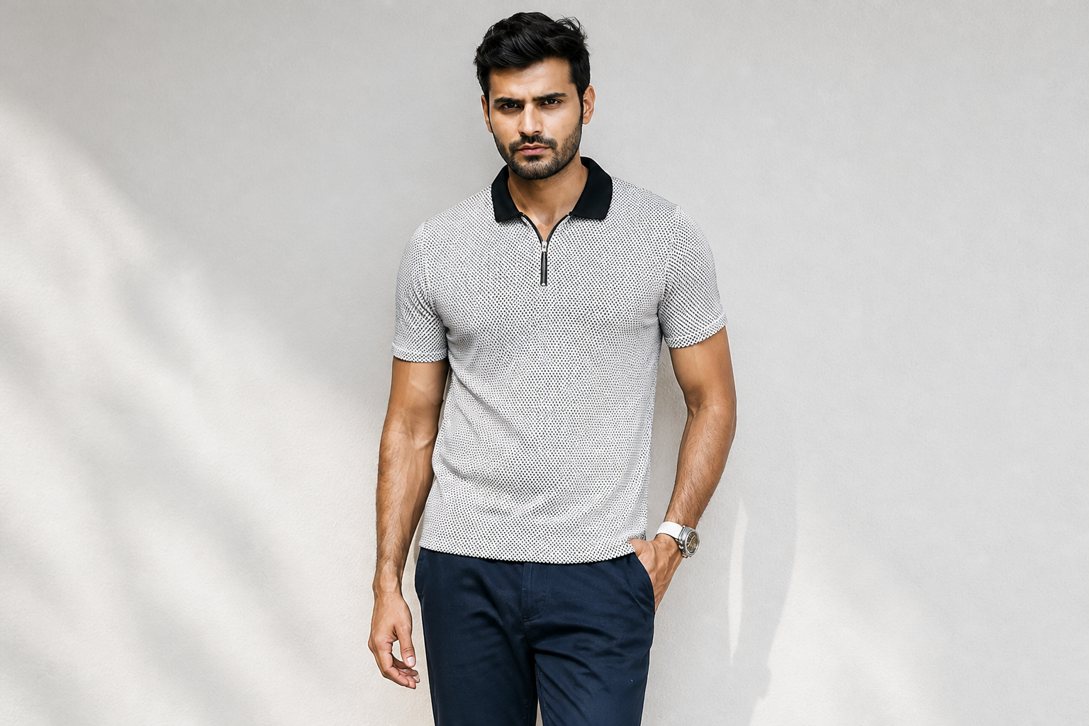 Flat-lay product photograph of size M polo with multicolour geometric pattern, neatly arranged on a warm cream cotton backdrop, soft studio lighting