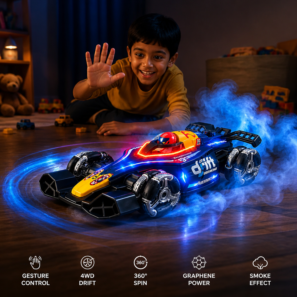 Excited Indian child waving their hand in a glowing dark playroom while the gesture-controlled GRAPHENE RC car performs a 360&deg; drift with smoke and RGB lights blazing