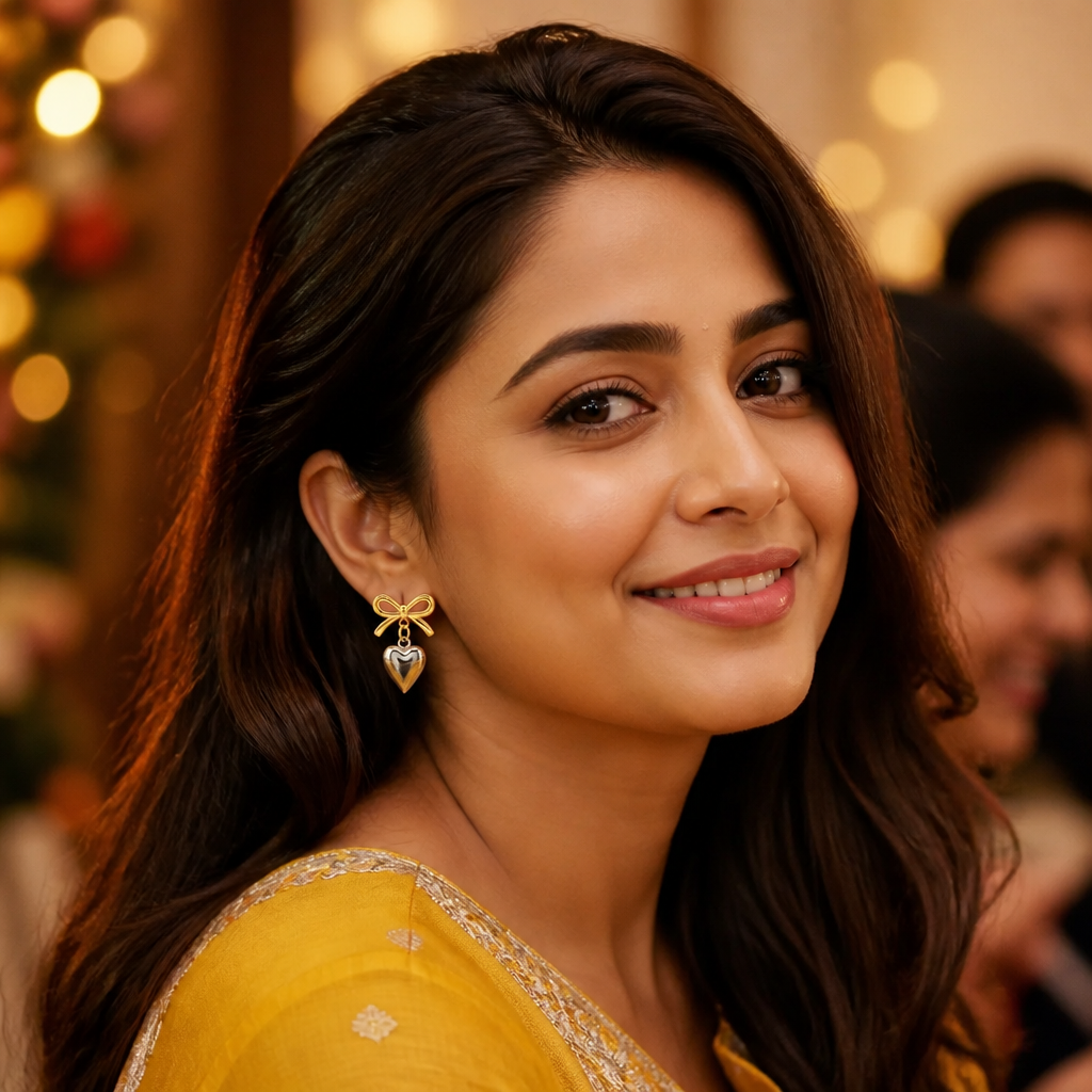 Confident Indian woman in a yellow kurta wearing the Love Heart Earrings at a family function, warm festive lighting, candid portrait photography
