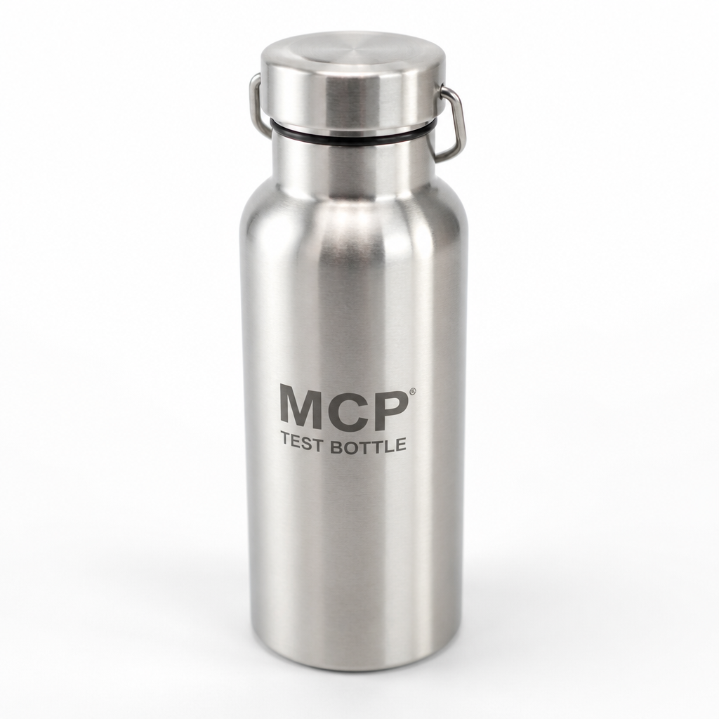 Close-up product thumbnail of a brushed stainless steel water bottle with matte black cap, soft studio lighting, isolated on clean white background