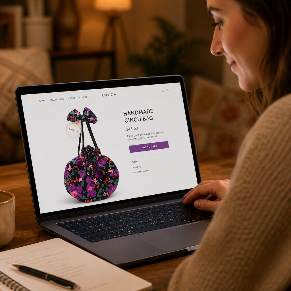 Woman discovering a beautifully crafted handmade cinch bag online with warm ambient lighting on a laptop screen