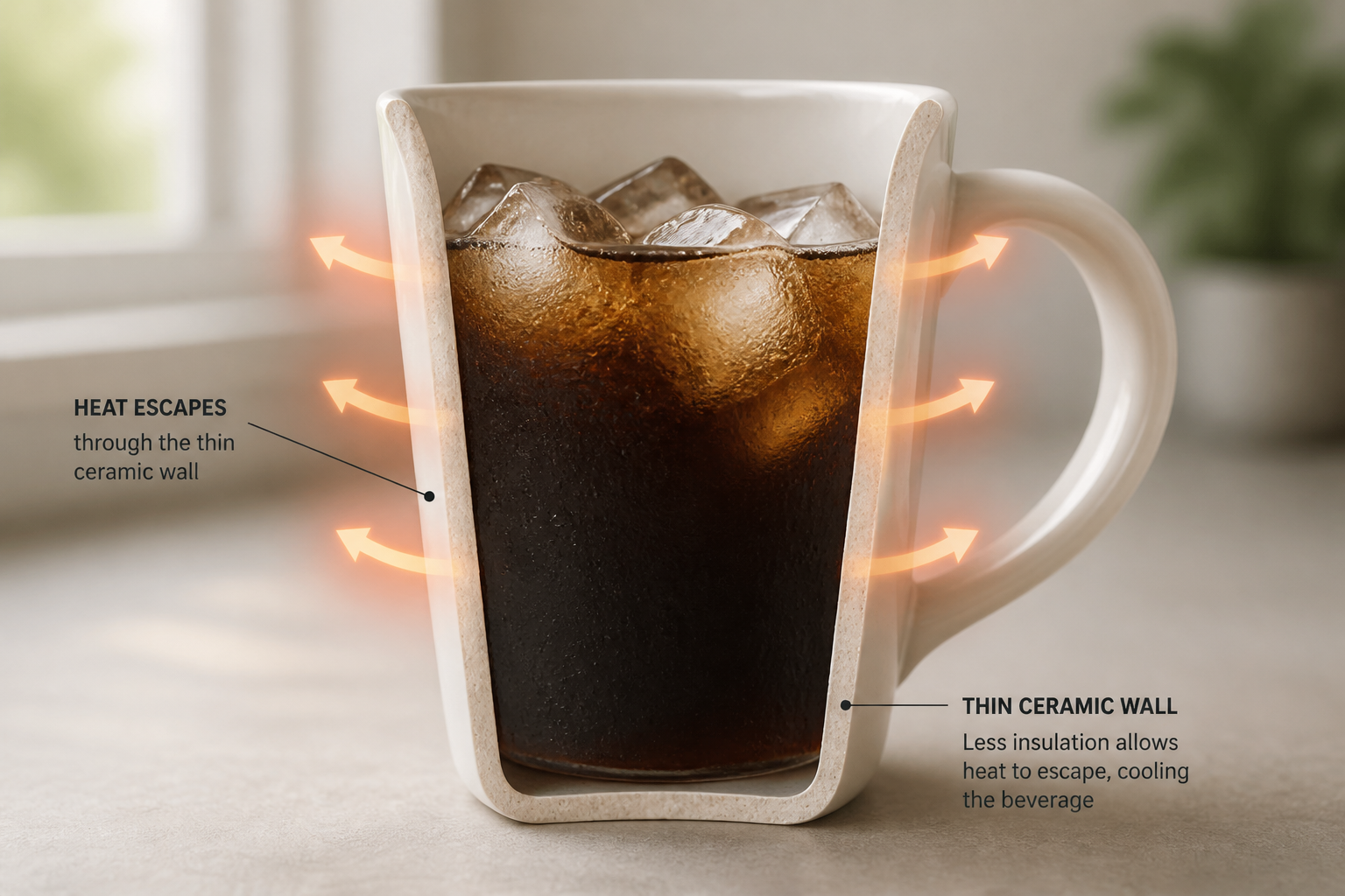 Cross-section diagram of a thin single-wall ceramic mug showing heat arrows escaping outward through the wall, cold beverage inside, illustrating why coffee cools fast
