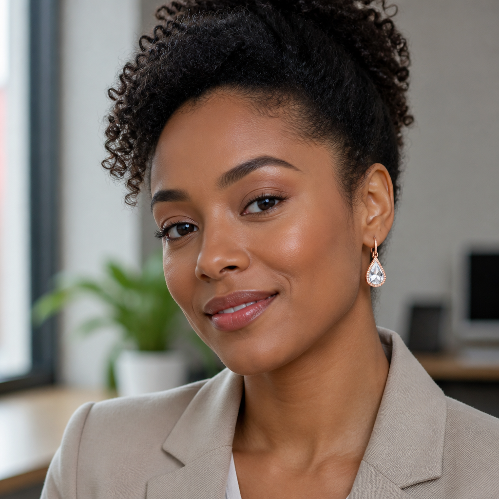 Office setting portrait of a woman in a blazer wearing the Lunar earrings confidently