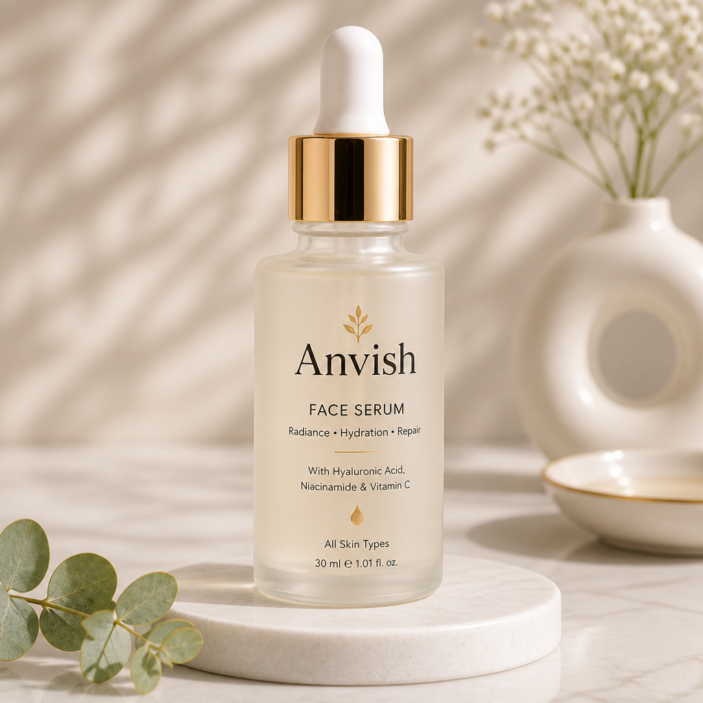 Small icon of the Anvish Face Serum bottle with golden dropper, soft peach label, gentle highlight on dark background, product thumbnail for sticky bar