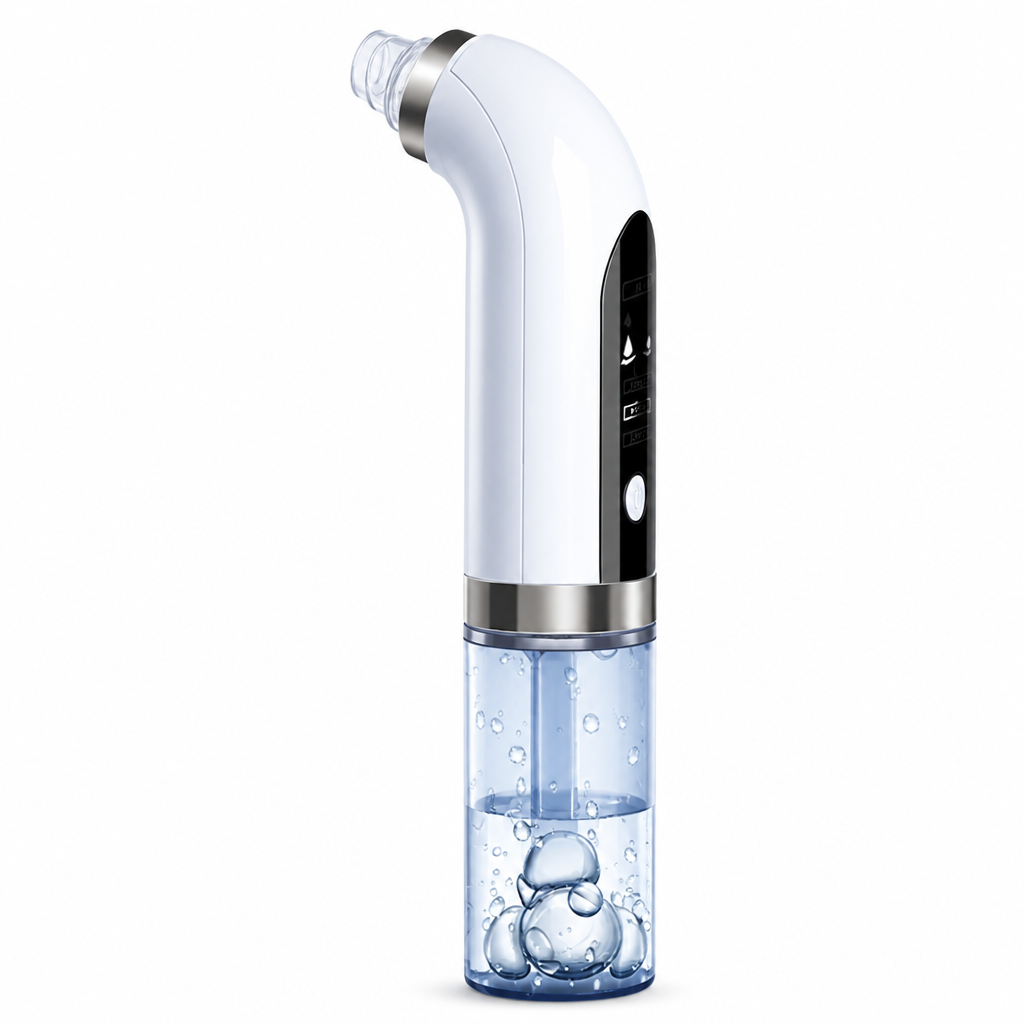 Sleek blackhead vacuum device with soft lighting on white background showing the premium build quality