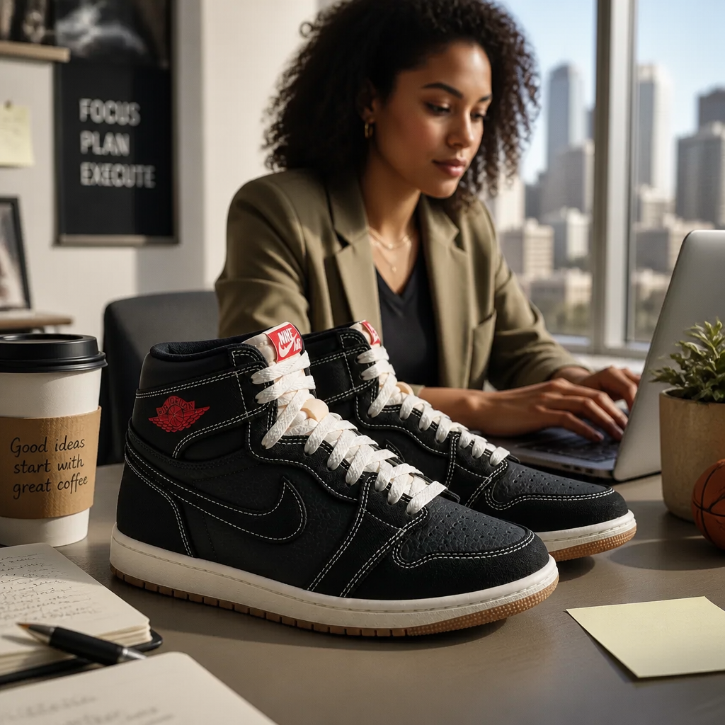 Lifestyle candid of a confident young professional using Test gateway type during a busy weekday morning at a minimalist desk with coffee and a city skyline window
