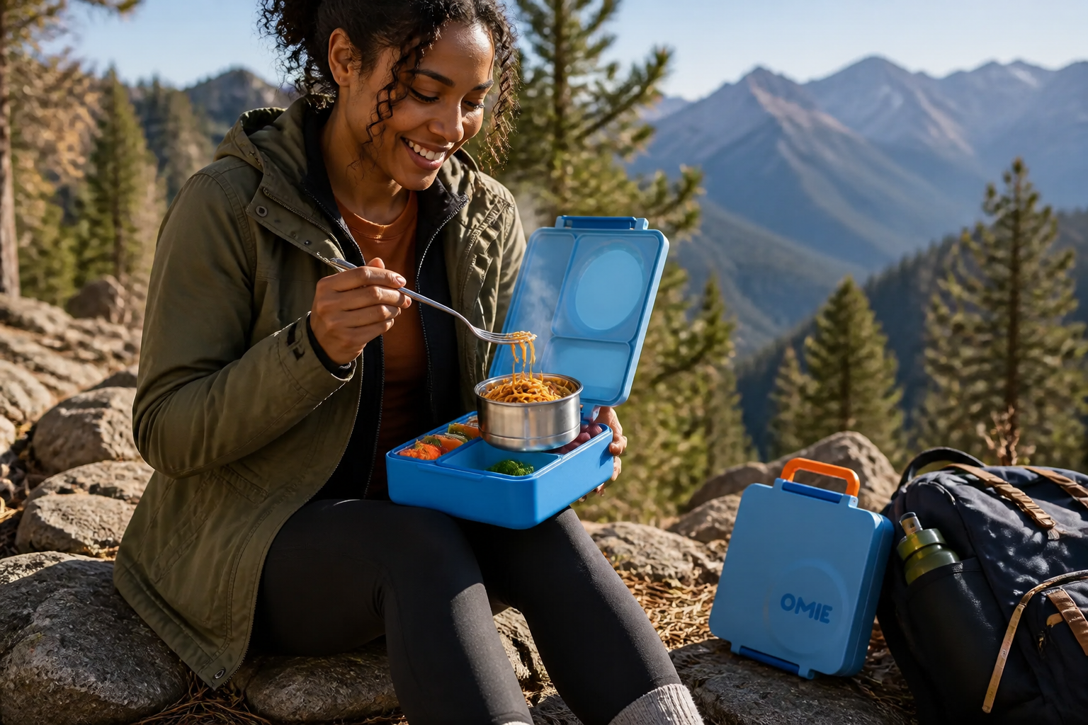 Adventurous hiker on a scenic mountain trail enjoying a hot meal from Bento Box with forest and peaks visible in background
