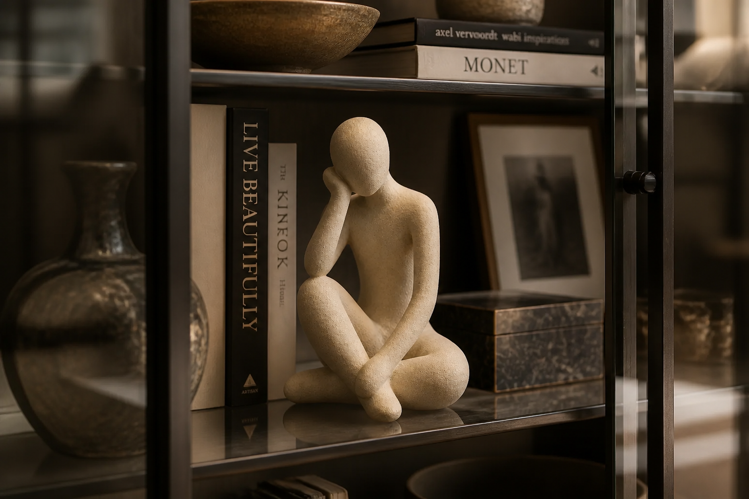 The Abstract Thought Thinker Accent beautifully illuminated inside a glass display cabinet surrounded by other treasured home artifacts and books