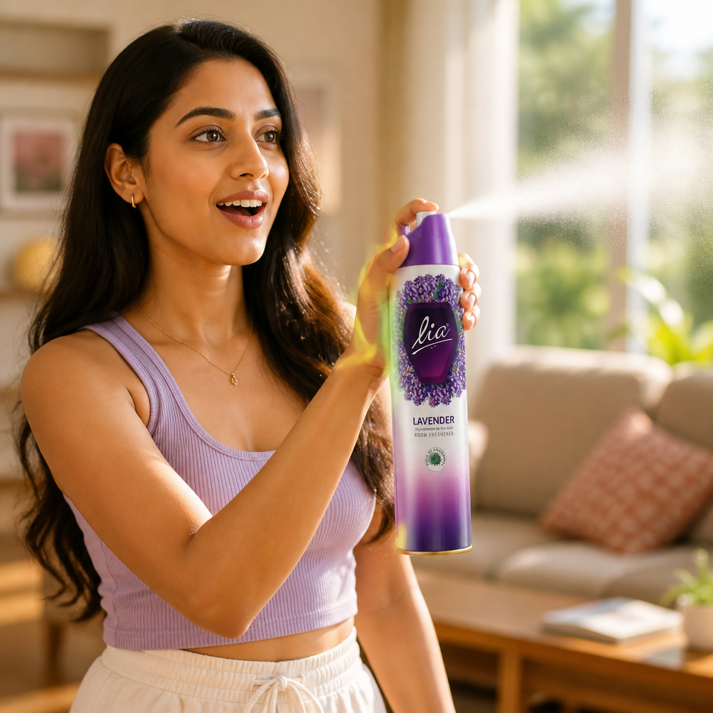Confident young Indian woman in casual summer attire spraying room freshener in a bright sunlit living room, looking surprised and delighted as the dry mist disperses evenly without any wetness, her expression showing pleasant surprise at the product's effectiveness