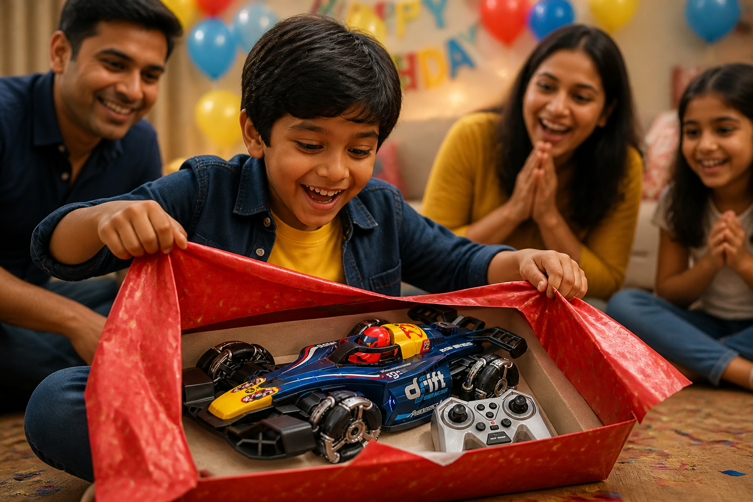 Festive birthday party scene with a happy Indian child excitedly unwrapping a GRAPHENE RC car gift box wrapped in red paper, balloons and decorations in background, family watching with smiles