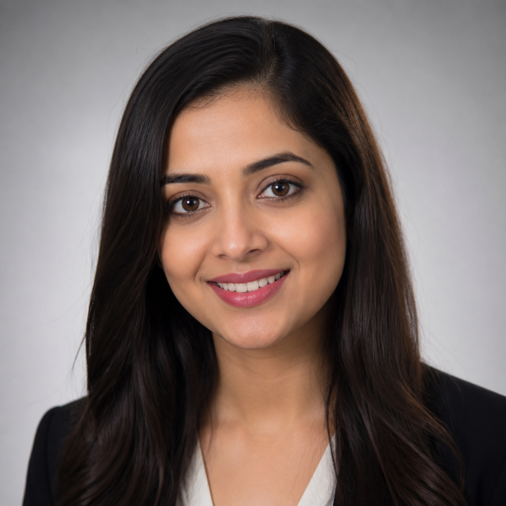 Portrait of a confident young South Asian woman with long dark hair and gentle expression, soft window light, shallow depth of field, neutral background