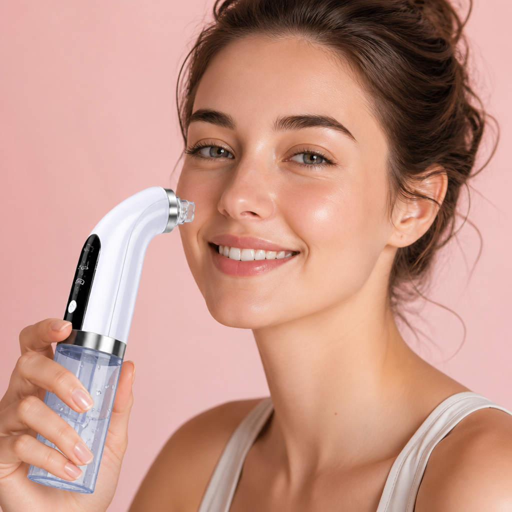 Beautiful woman with flawless clear skin and natural glow, confident smile, soft pink gradient background, professional beauty photography