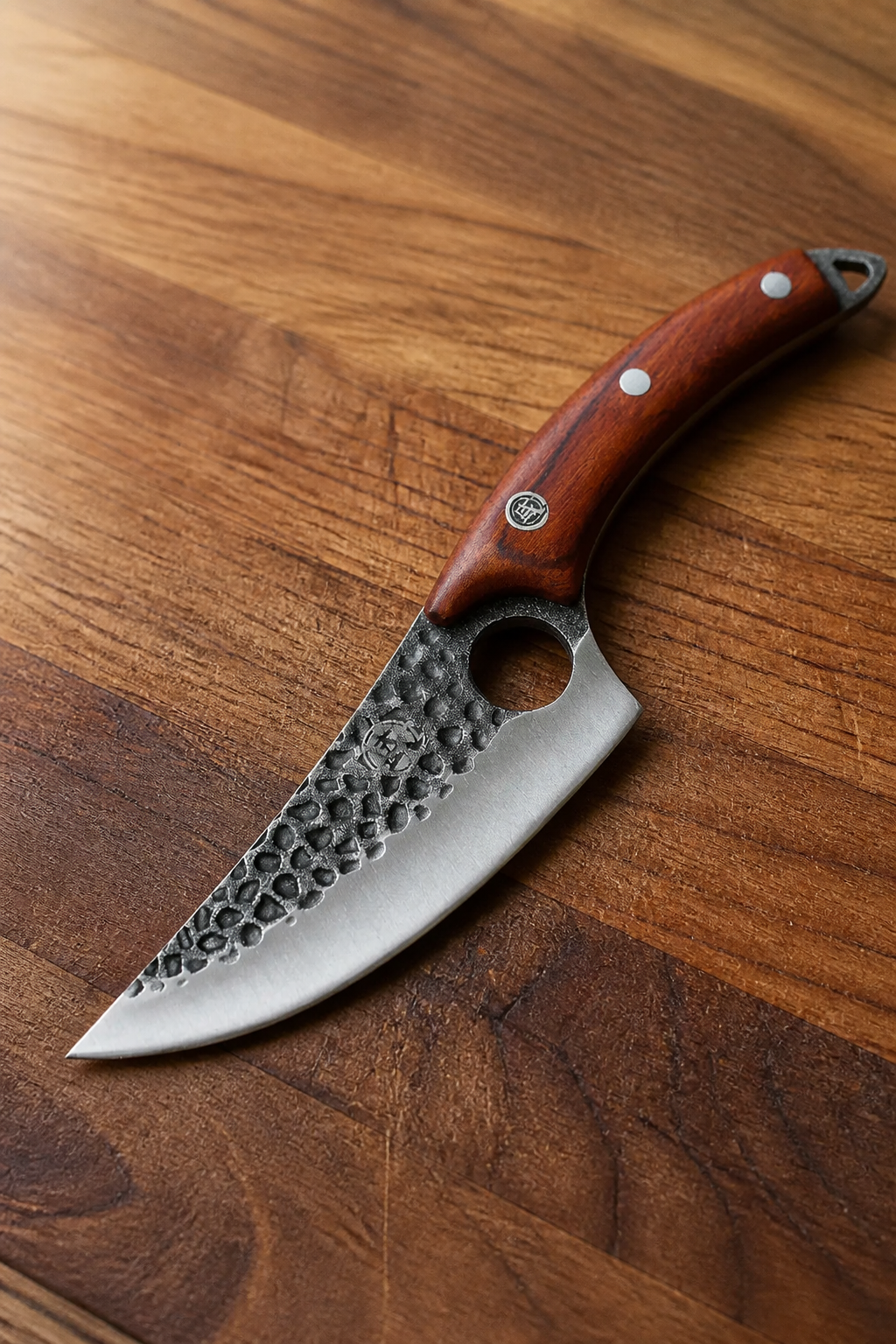 Small K sheath knife with stainless steel blade 264x40x4.2mm compact professional cutting tool on wooden surface