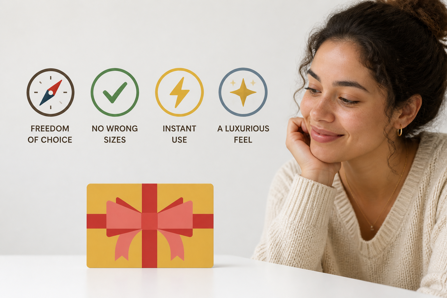 Clean infographic style design showing four benefit icons arranged horizontally: a compass for freedom of choice, a checkmark for no wrong sizes, a lightning bolt for instant use, and a star for luxurious feel