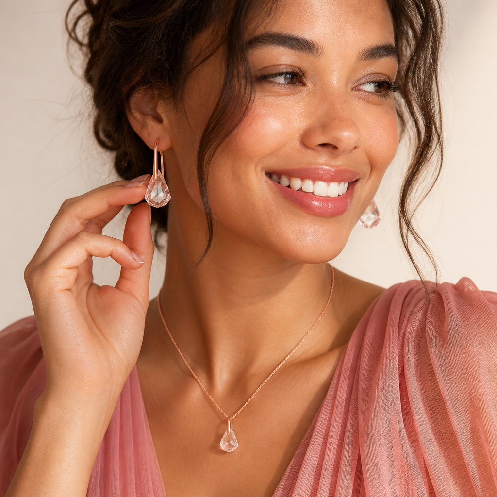 Smiling woman in a flowing rose-pink dress wearing Lunar pink drop earrings and matching necklace, soft natural light, romantic feminine mood