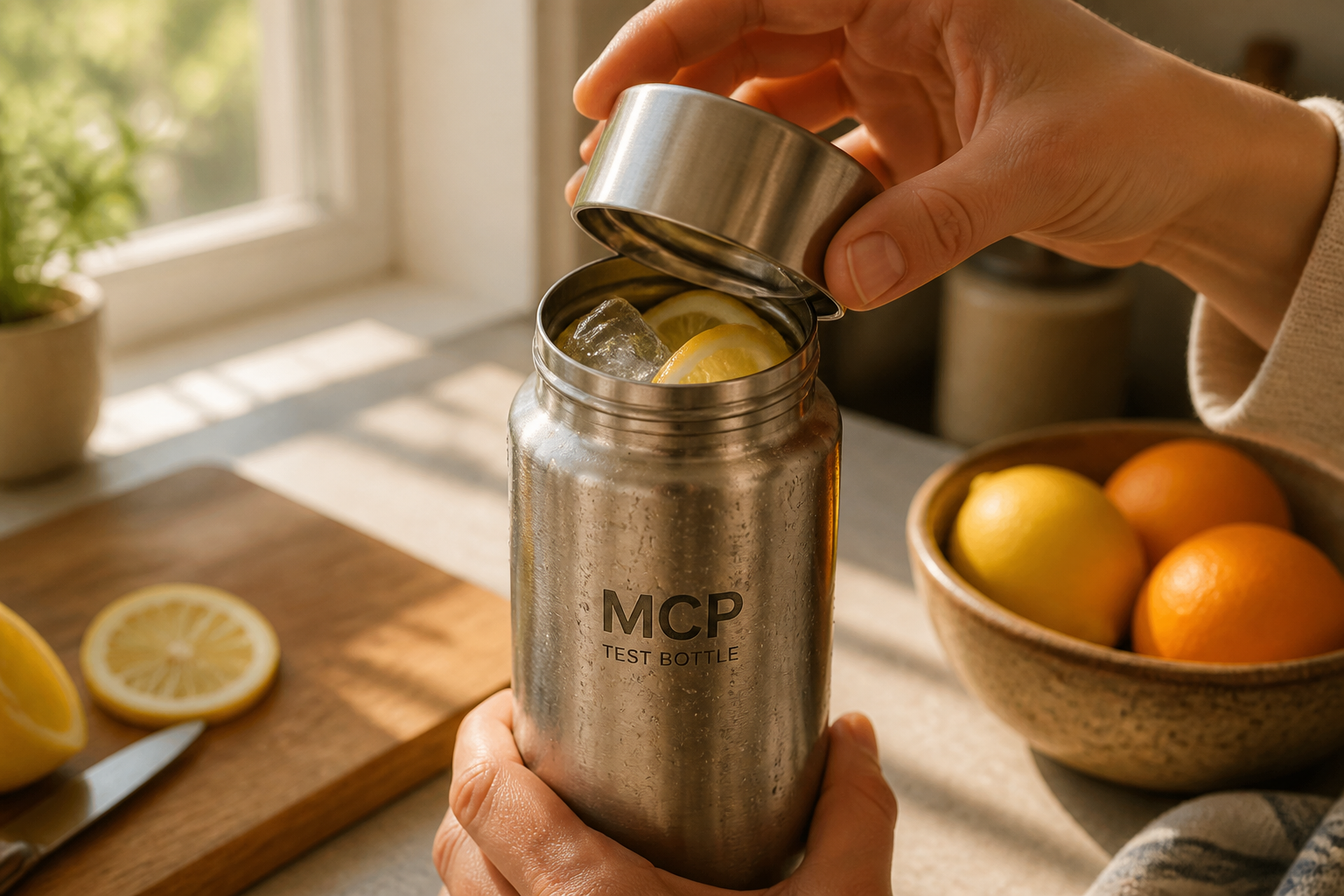 Hands twisting open the brushed steel lid of a stainless steel bottle at a kitchen counter, ice cubes and lemon slices visible inside, warm morning light through a window
