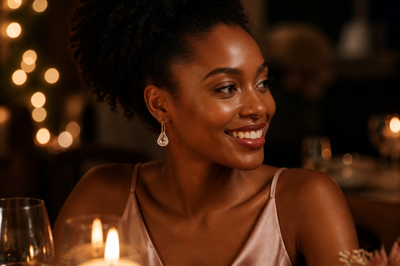 Lifestyle photograph of a smiling African woman at an intimate dinner table, pink Lunar drop earrings softly catching the warm candlelight, romantic evening atmosphere with bokeh lights