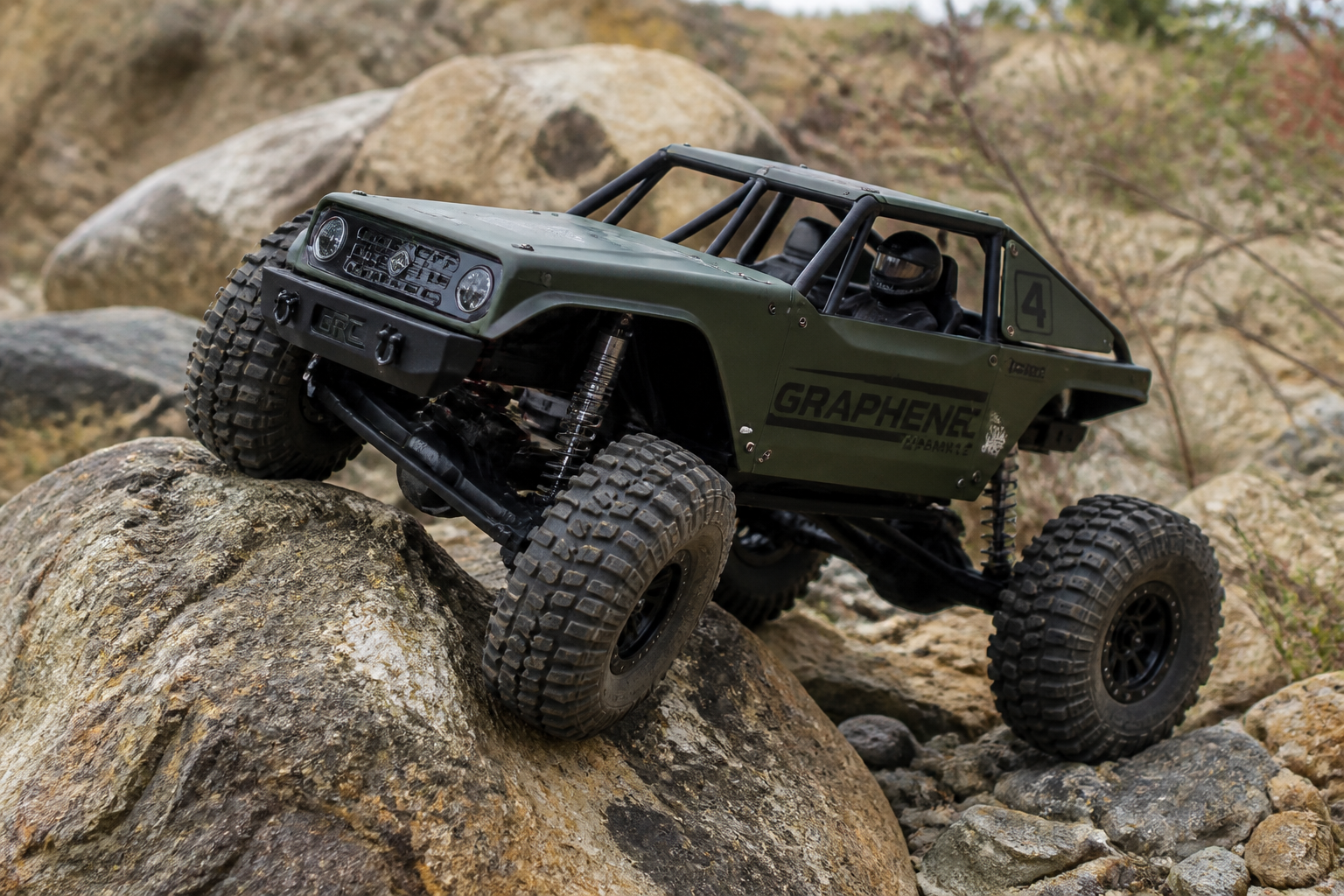 GRAPHENE RC car variant 4 - large rock crawler in olive green with chunky offroad tires