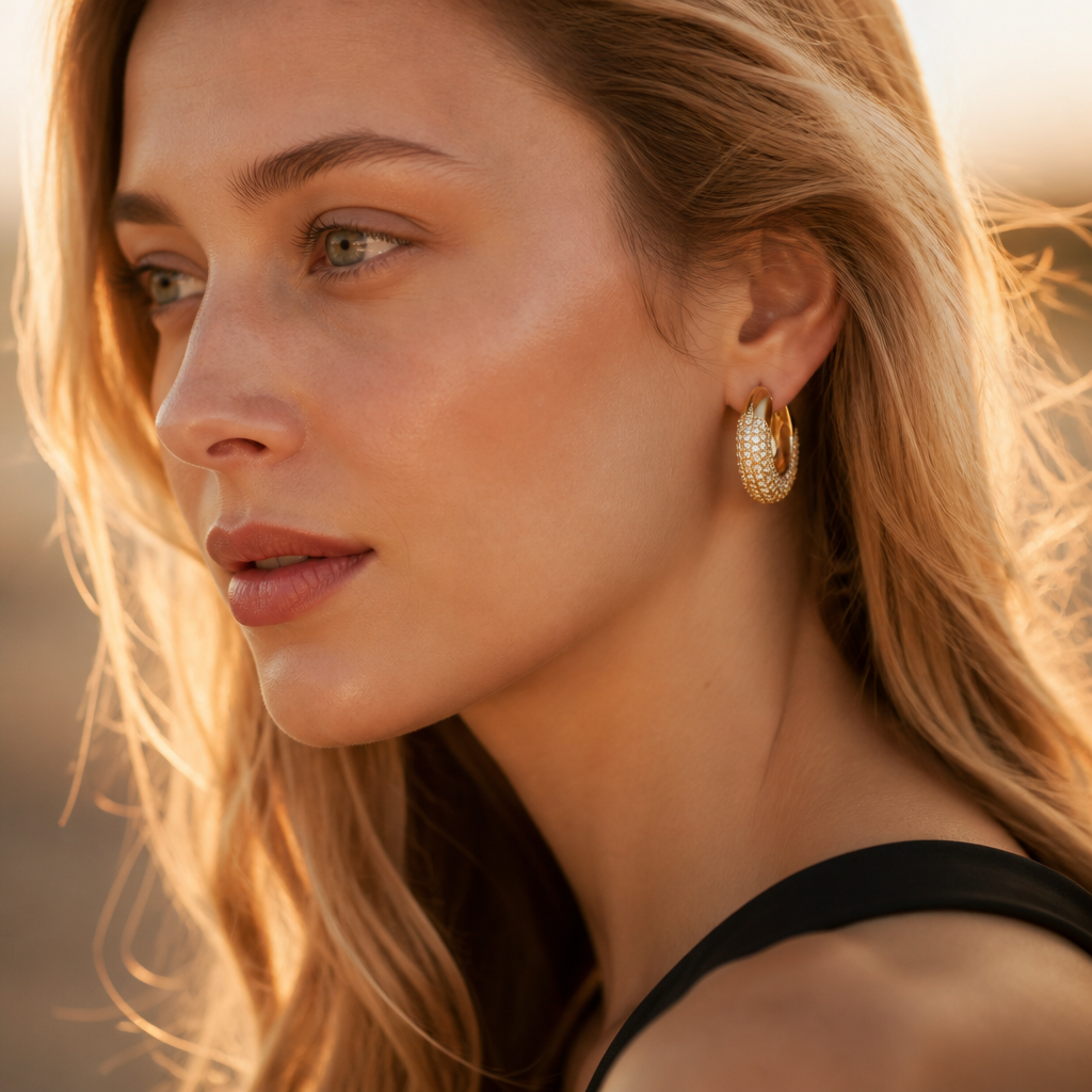Three-quarter profile portrait of European woman wearing Dextera hoops in natural golden hour light