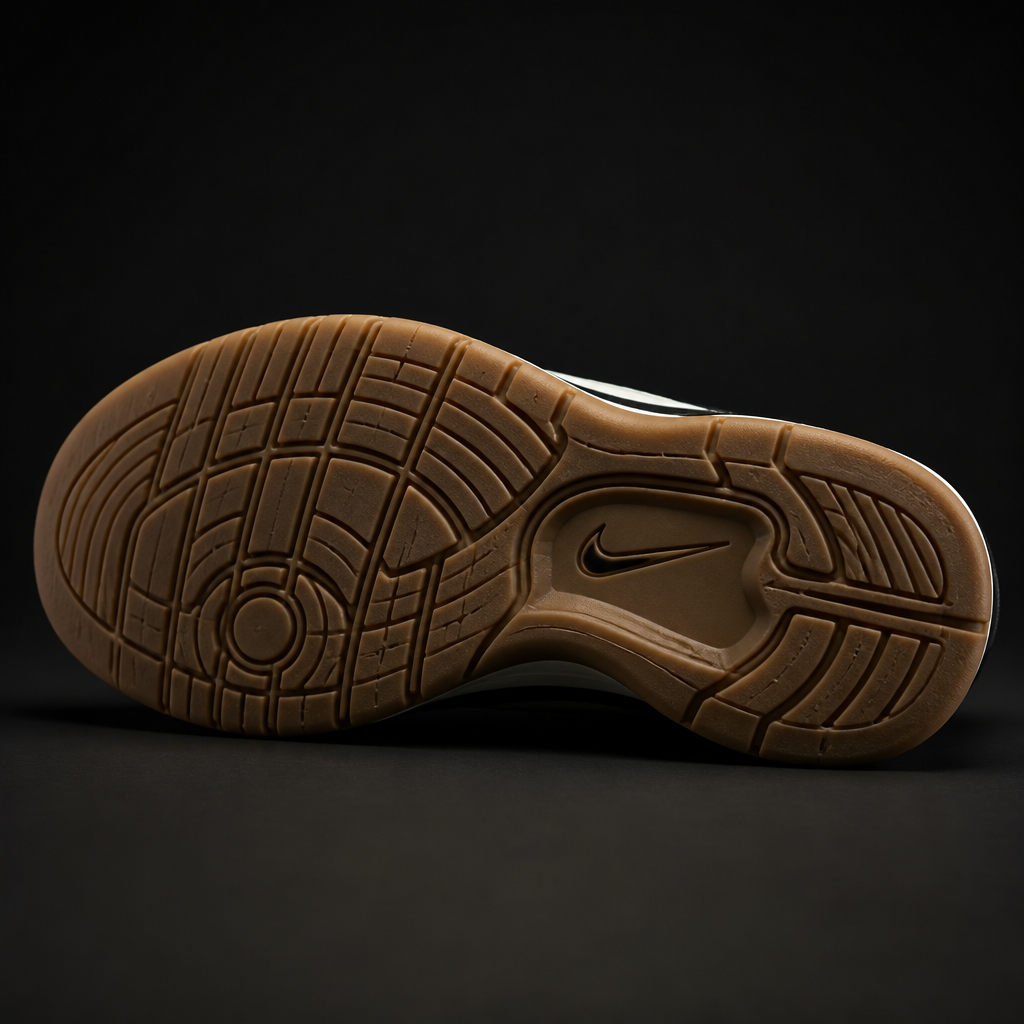 Underside view of the Nike sneaker sole showing tread pattern and flex grooves on dark background