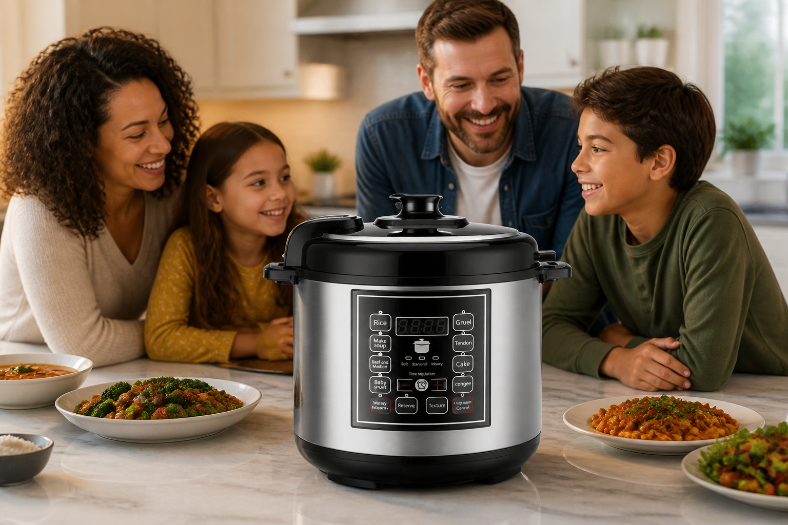 Peaceful modern kitchen scene with warm ambient lighting, happy diverse family of four gathered together, relaxed parents and smiling children, the 5L smart cooker visible in background on clean marble counter, represents the transformed after-state of effortless cooking