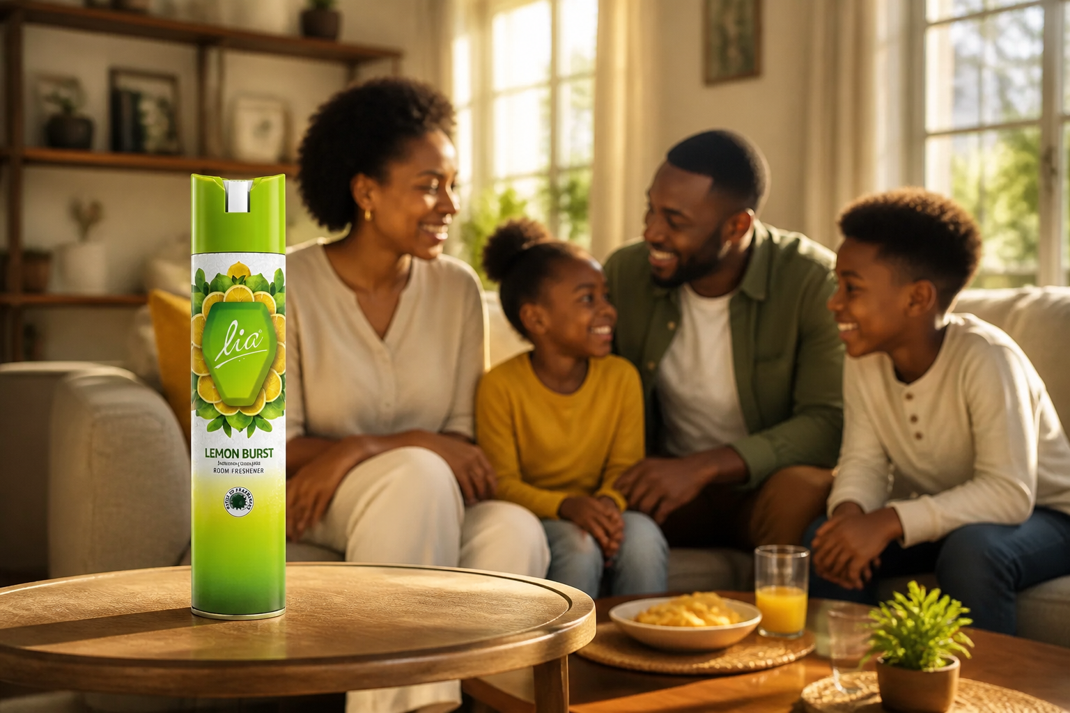 Warm photograph of an Indian family of four smiling in their brightly lit living room, with sunlight streaming through windows and a LIA bottle visible on a side table
