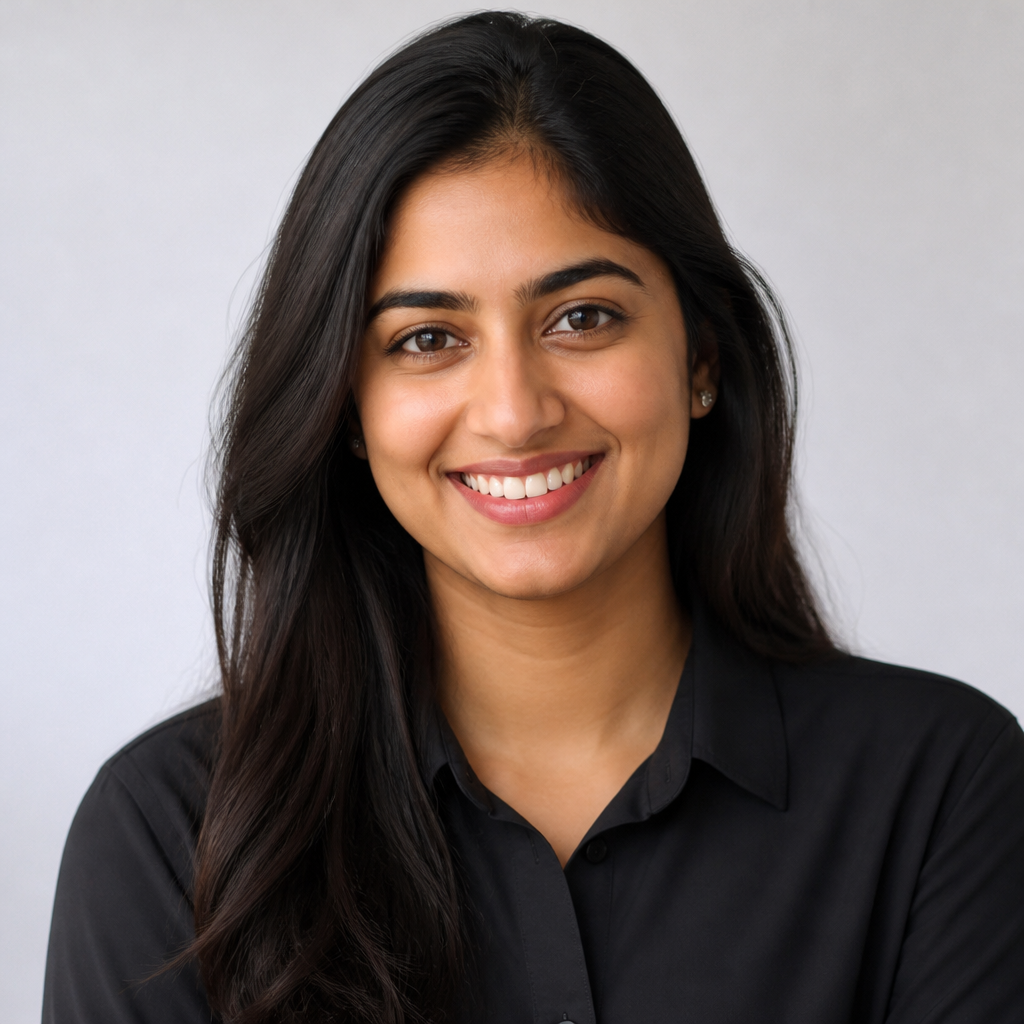 Cheerful South Asian woman with long dark hair wearing a casual blazer, laughing softly during a video call, cozy home office with warm lamp lighting and shallow depth