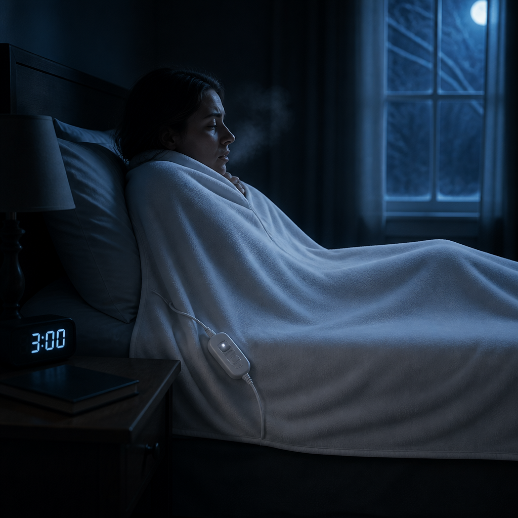 Cinematic dark blue-tinted bedroom scene showing a person shivering under a thin blanket at night, breath visible in cold air, clock showing 3am, conveying the misery of cold winter nights