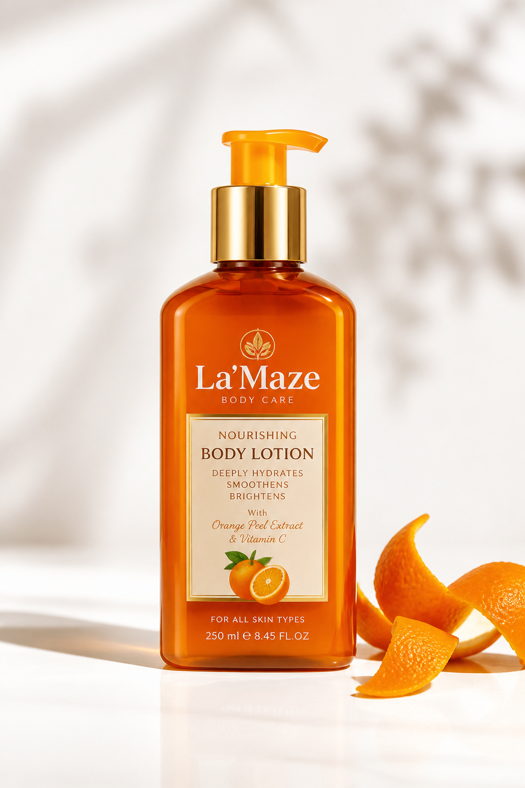 Premium studio shot of an amber-orange La'Maze Orange Peel Lotion bottle resting on fresh orange slices with soft golden sunlight casting citrus shadows