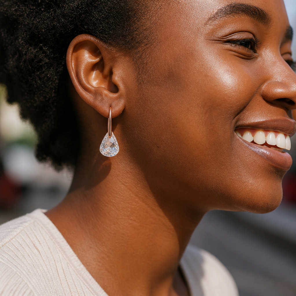 Lifestyle photo of the earrings being worn with a casual outfit