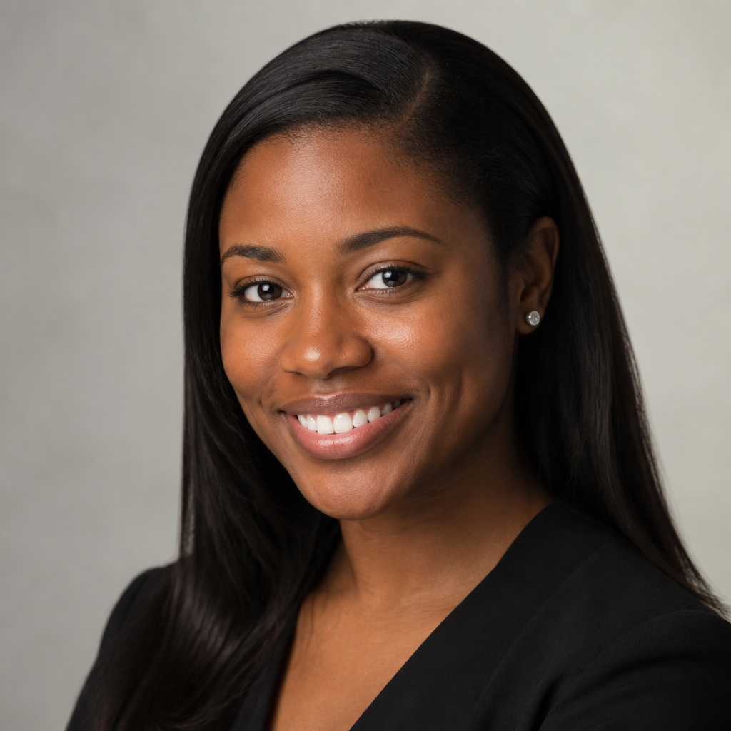 Close-up portrait of Kemi Adebayo, a confident Nigerian woman with deep brown skin and a gentle smile, lit by soft warm indoor light