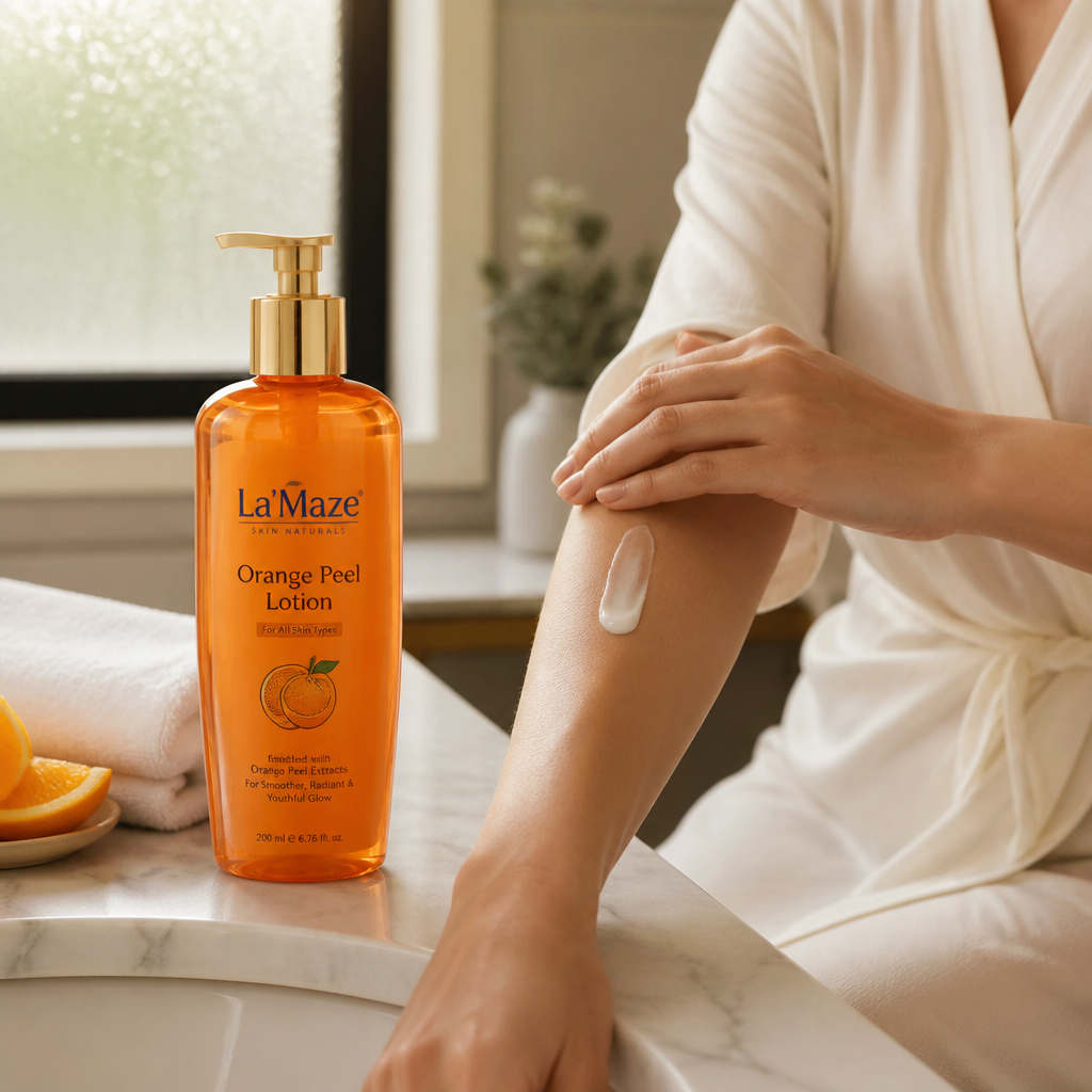 A serene bathroom scene showing a person gently applying La'Maze lotion to their bare arm with soft morning light and orange peel on the side