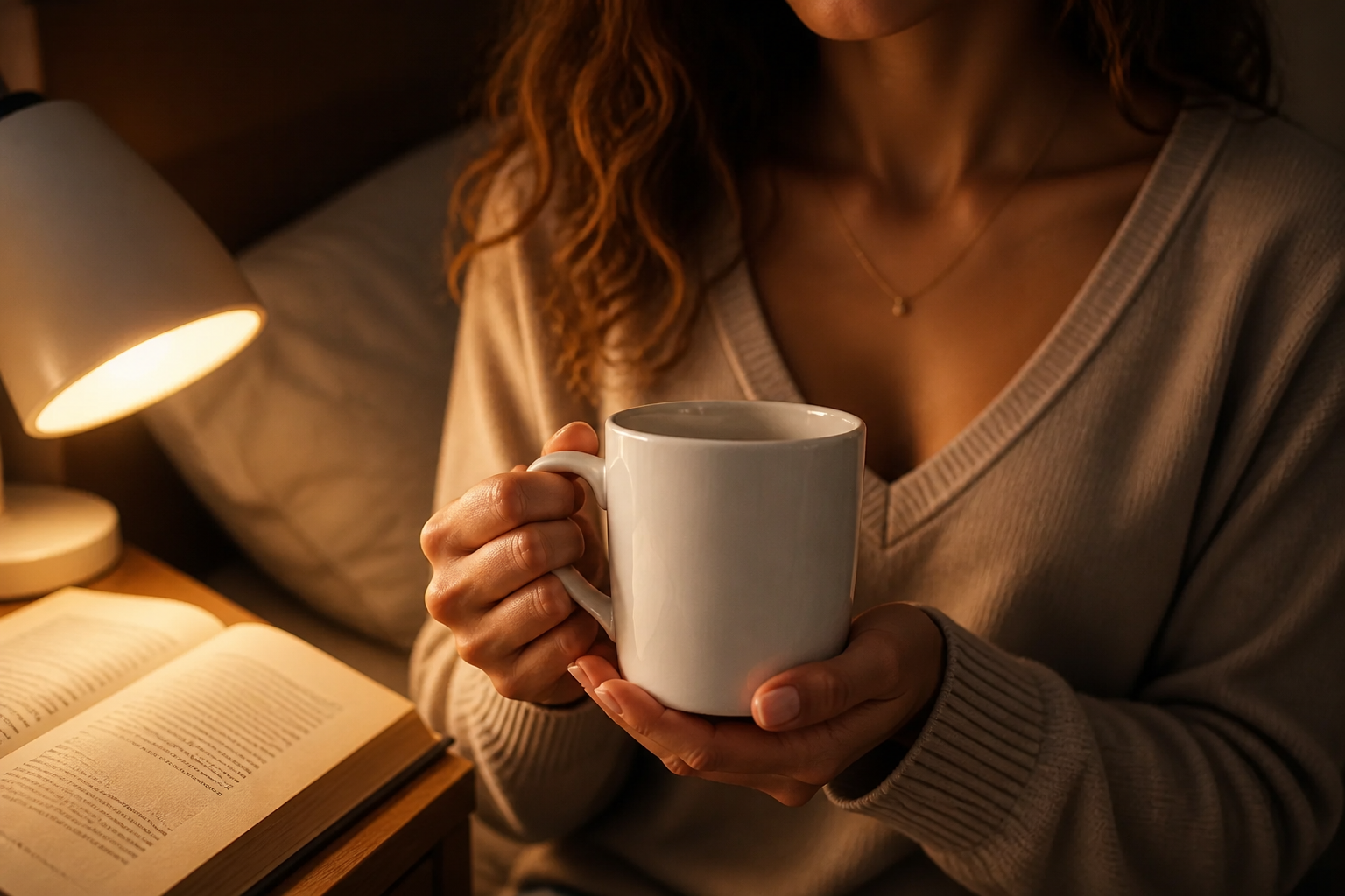 Quiet bedside table scene at night with the Radiator Mug holding warm tea beside an open book and a softly glowing reading lamp, intimate cinematic mood