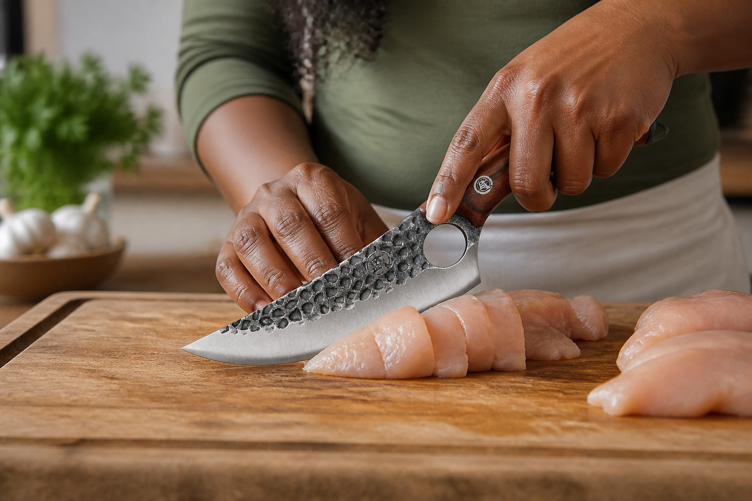 Perfectly portioned chicken with clean smooth cuts showing professional knife technique