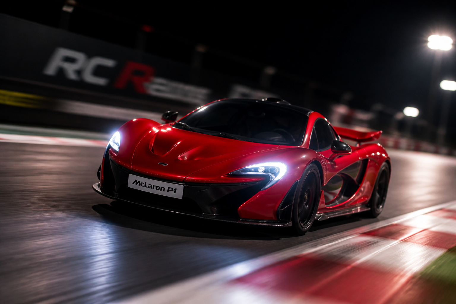 Cinematic wide shot of a glossy red McLaren P1 RC car speeding on a racing track with motion blur and glowing LED headlights cutting through a dark dramatic background