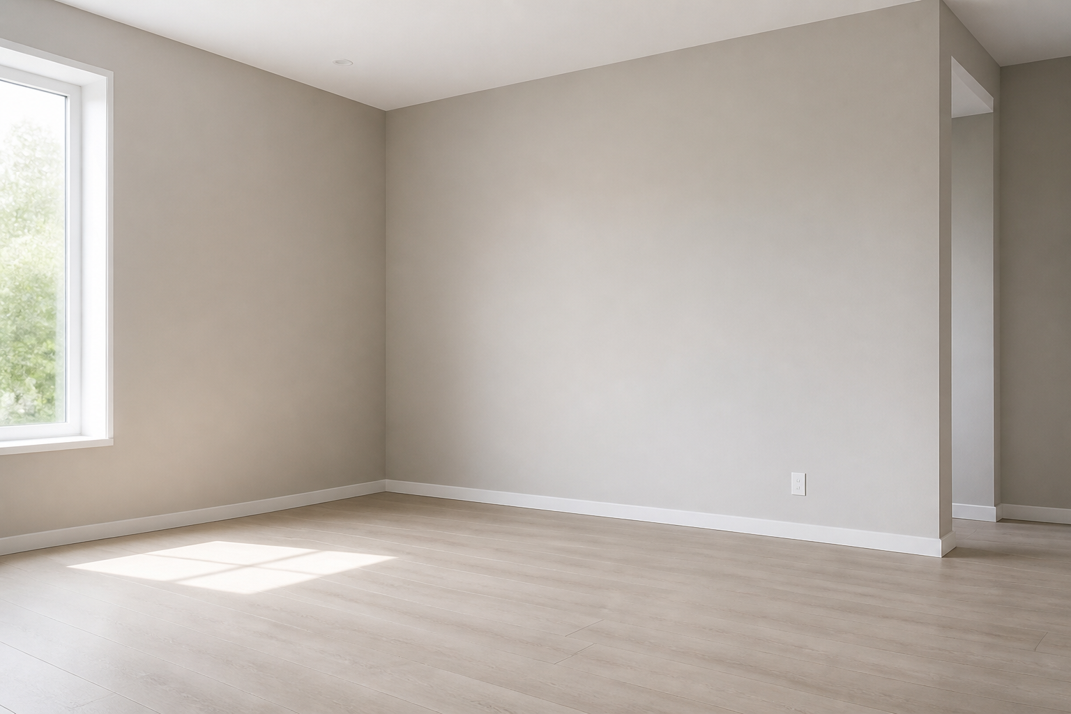 Empty modern corner space with neutral colors and minimal decor, showing bare walls and no personality