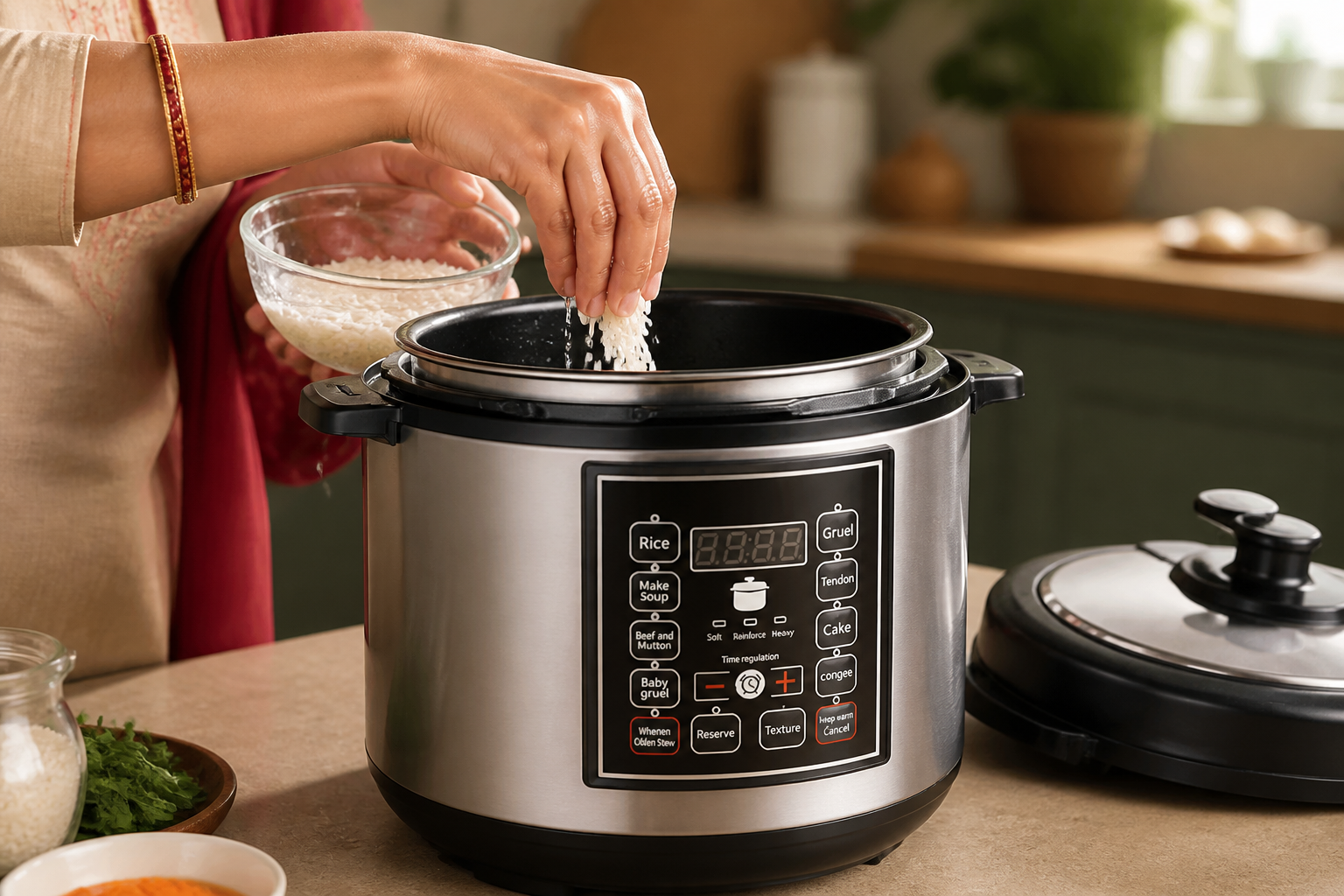 Hands adding washed rice and water into the pressure cooker inner pot on a kitchen counter