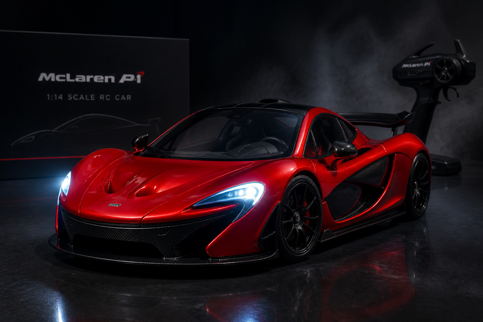 Premium 1:14 scale McLaren P1 RC car in glossy red with glowing LED headlights on a dramatic dark showroom background, highlighting the premium build quality