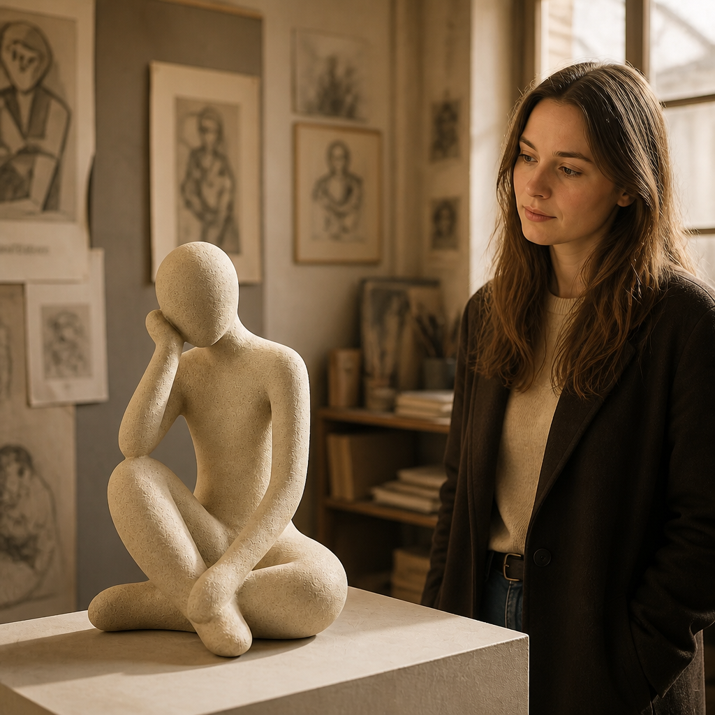 An artistic collage showing the evolution of abstract modern art from early cubist sketches to contemporary resin sculptures, with the Abstract Thought Thinker Accent featured as the modern culmination